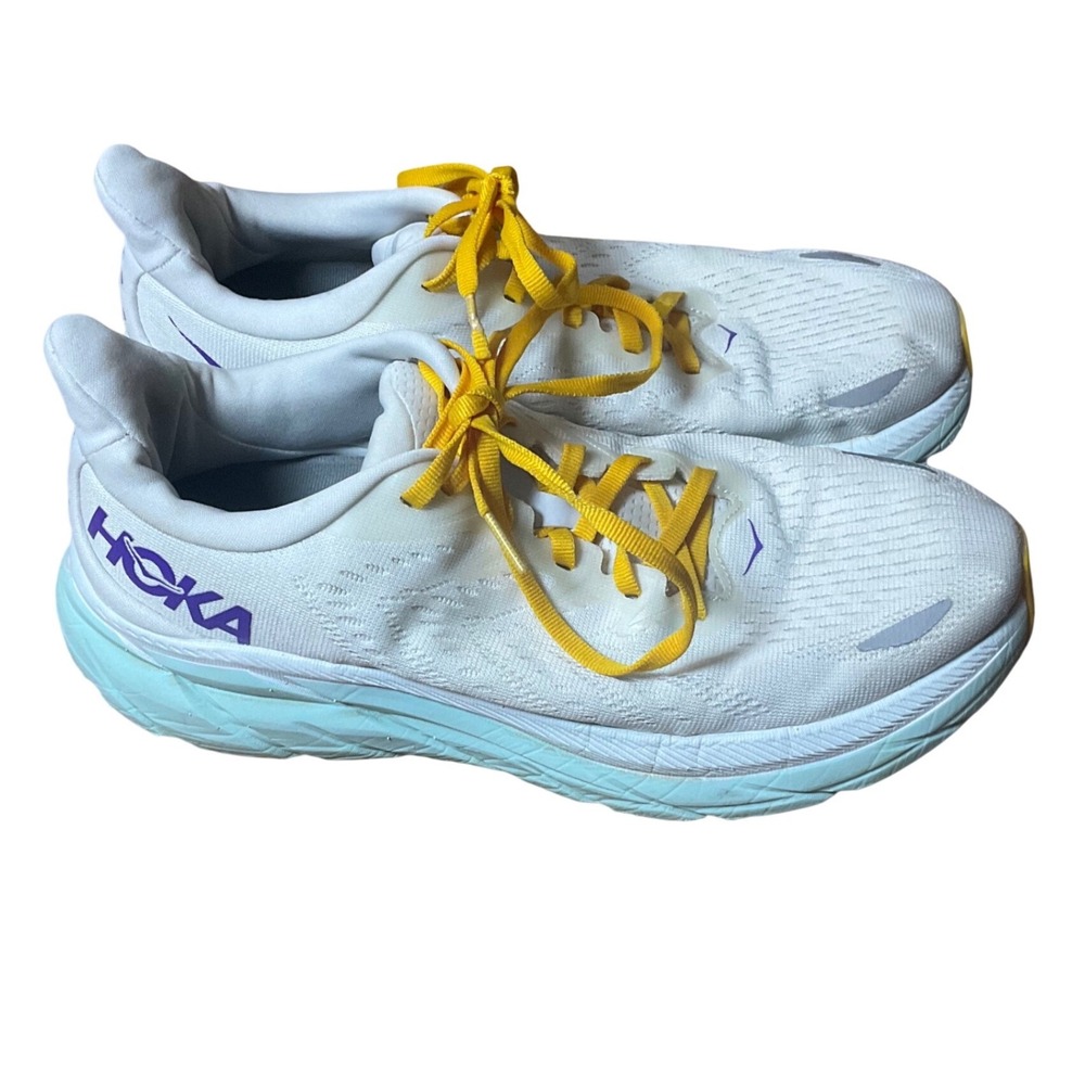 Hoka One One Clifton 8 Mens 8.5 White Blue Glass Evening Primrose 1119394 BDBW